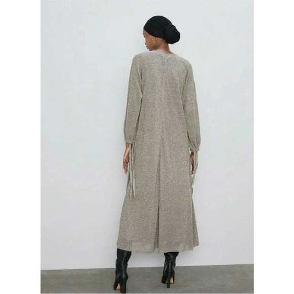 ZARA Dress with Metallic Thread silver long sleeve with slip size med NWT - Picture 10 of 15